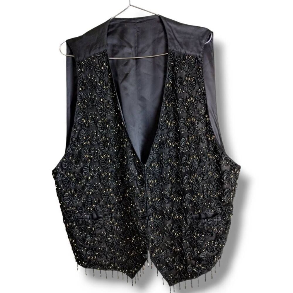 August Max Woman XL Black & Gold Vest Jacket Top Women Beaded Fringe Cottagecore